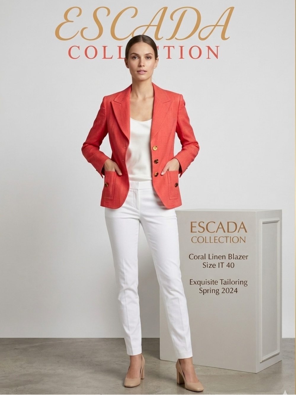 Escada Spring 24 Coral Textured Blazer Jacket 8/10 IT40 Gold Button Retail $1k)